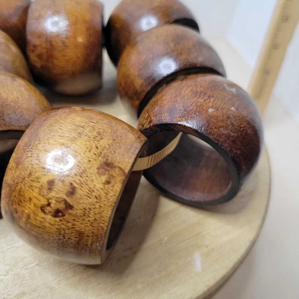 Vintage Solid Wood Napkin Rings Set of 8 Brown Round Rustic Boho Table Decor